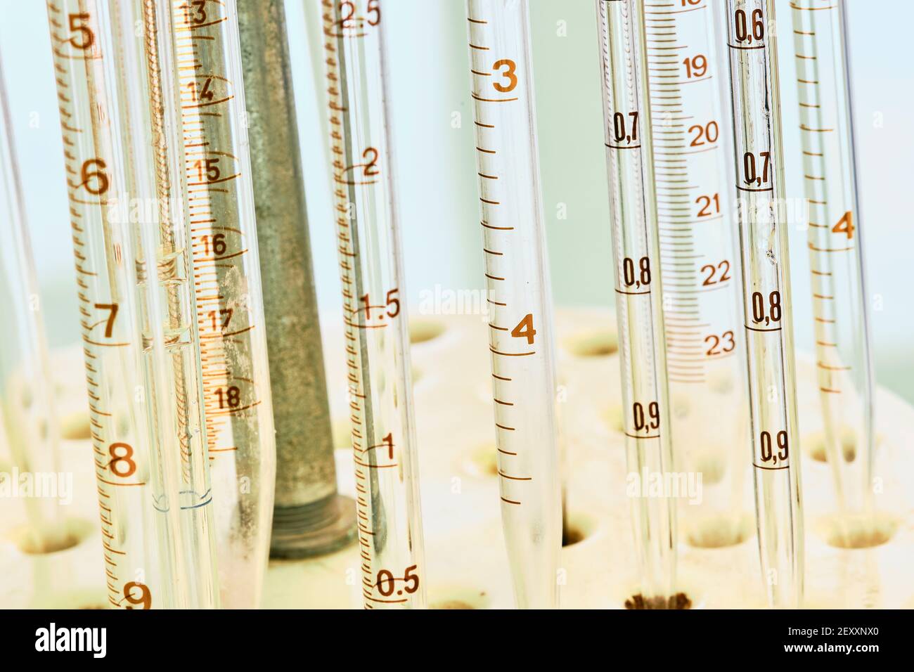 Volumetric pipettes in a laboratory. Basque Country, Spain, Europe