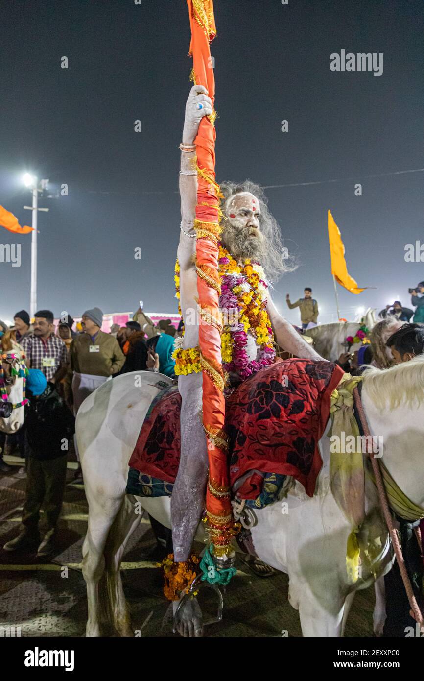 an indian holly man or naga sadhu during the kumbh mela in haridawar.kumbh is the largest congregation on the earth. Stock Photo