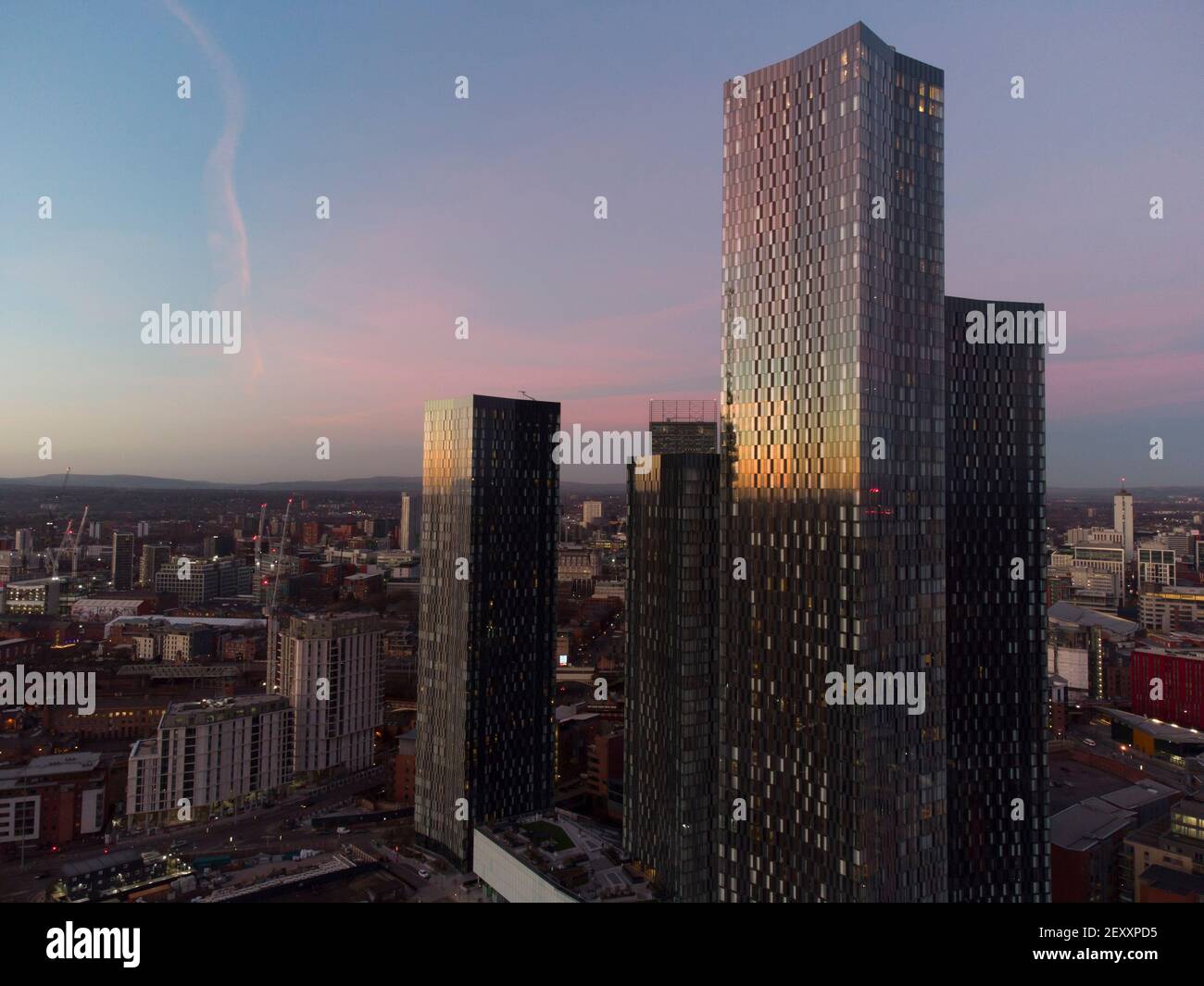 Manchester, UK, 26th Feb 2021. Picture shows the Deansgate Square development on Owen Street in Manchester City Centre including the South Tower the tallest building in the city, Manchester, Britain Feb. 26, 2021. The cityÕs changing skyline of skyscrapers has been compared by some to that of Manhattan earnong the the nickname Manchattan. Manchester, UK. Credit: Jon Super/Alamy. Stock Photo