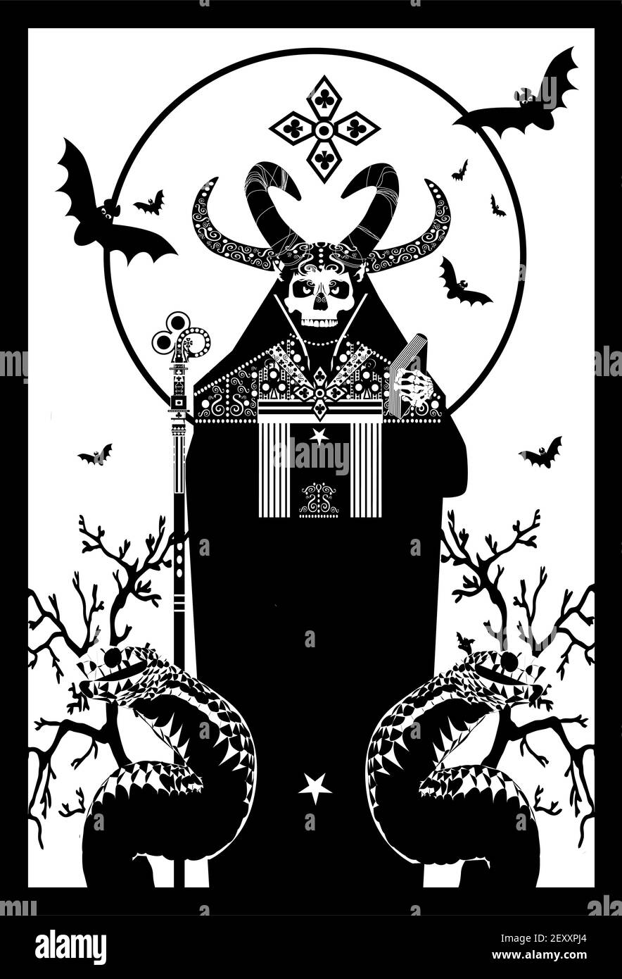Tarot Card skull death with horns and snakes, black and white background Stock Photo