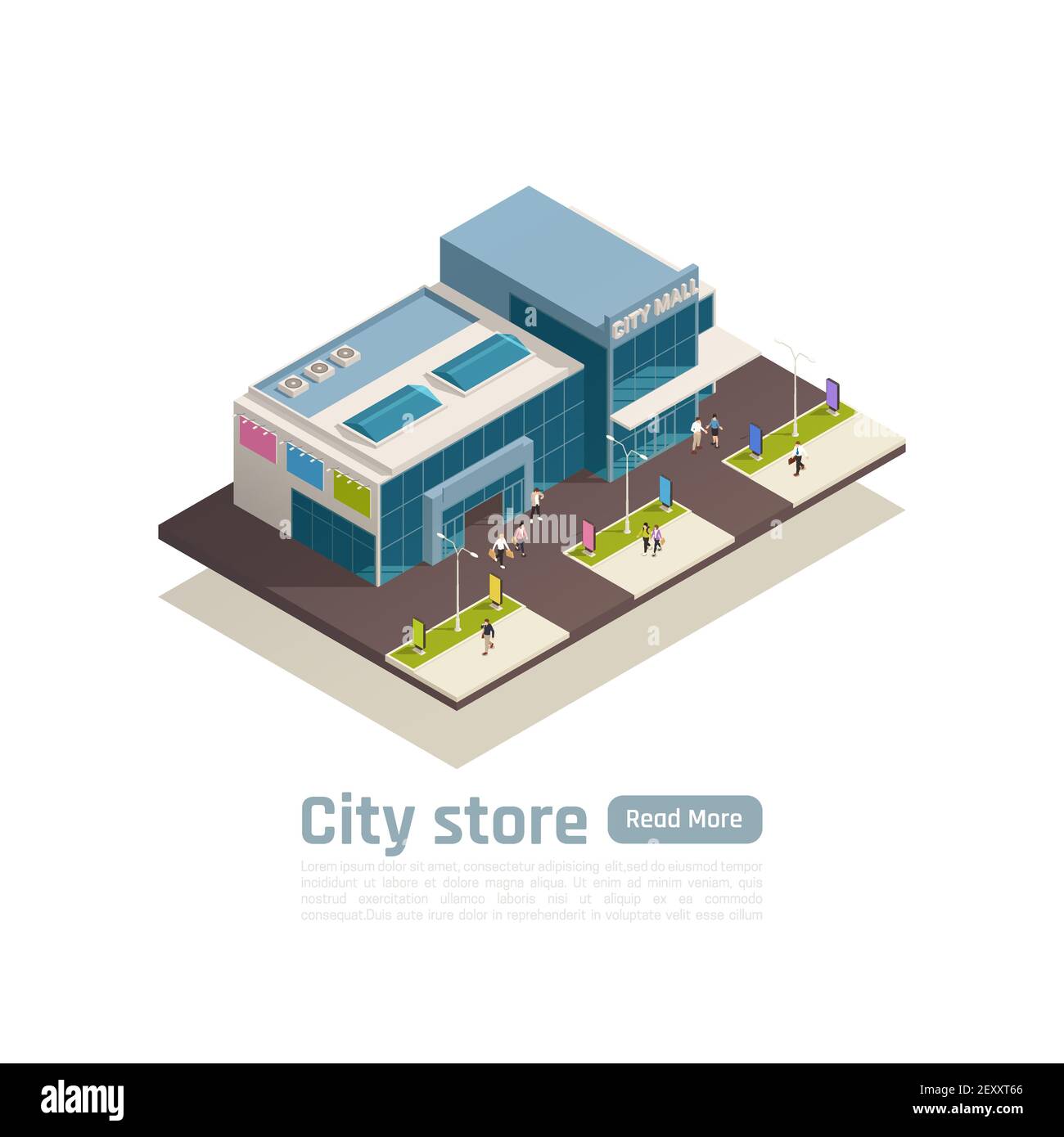 Store mall shopping center isometric composition with top view building and lawn vector illustration Stock Vector