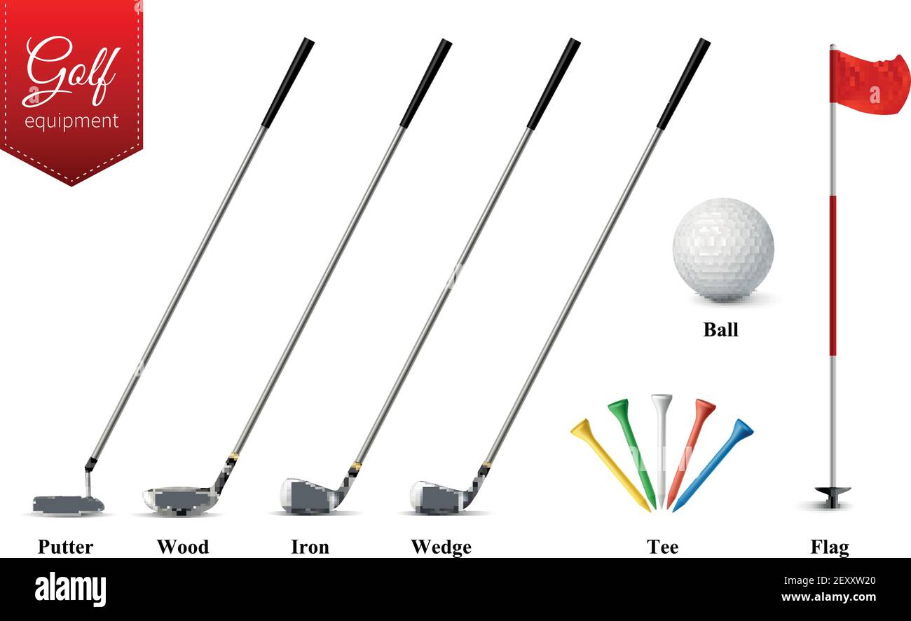 Various golf equipment set with different types of clubs tee ball and