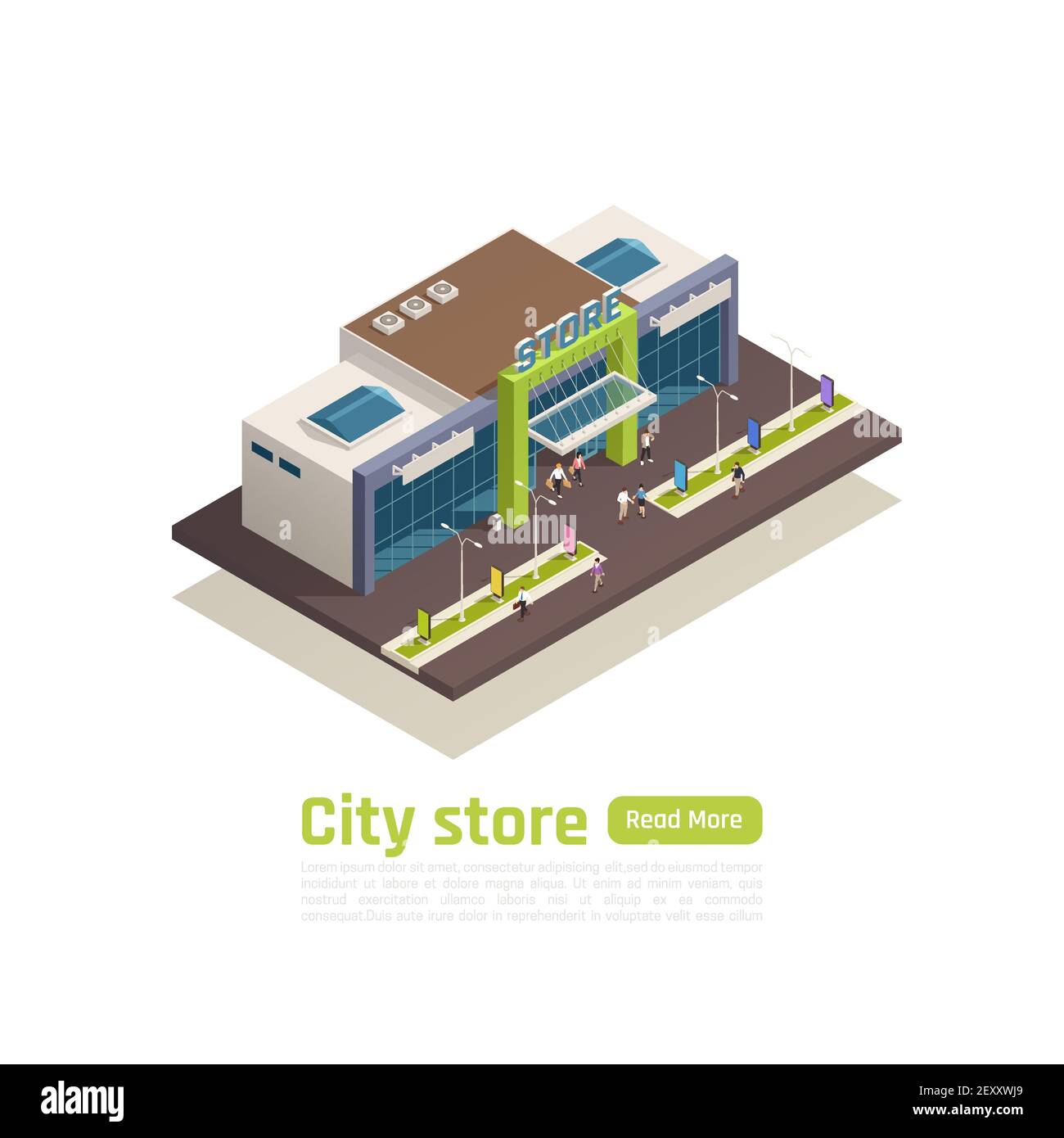 Store mall shopping center isometric composition with city store headline and green read more button vector illustration Stock Vector