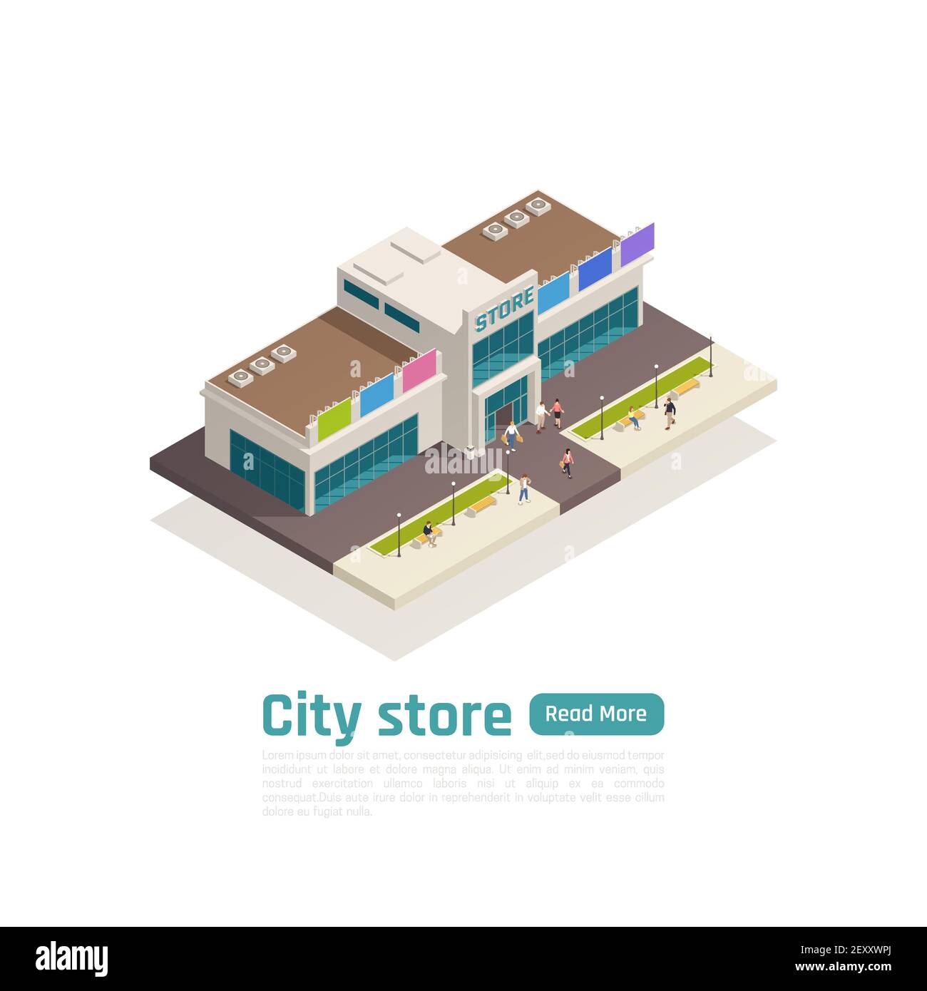 Isometric store mall shopping center composition with green button and ...