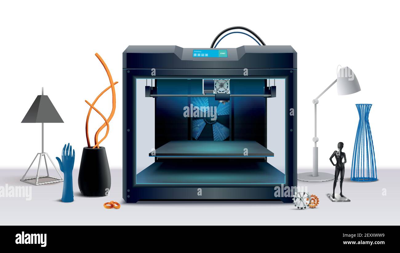Realistic composition with 3d printer and various printed objects vector illustration Stock Vector