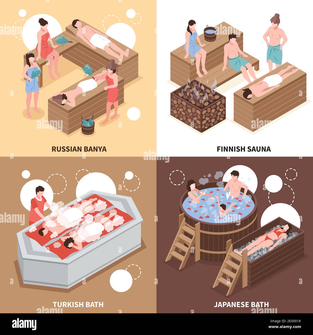Japanese russian and turkish bath houses and finnish sauna isometric design concept isolated vector illustration Stock Vector