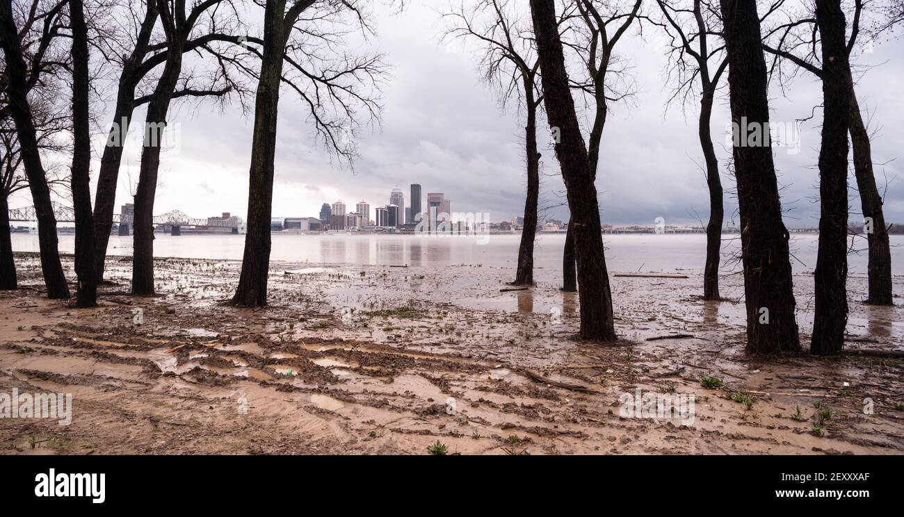 Ohio River Riverbanks Overflowing Louisville Kentucky Flooding Stock Photo