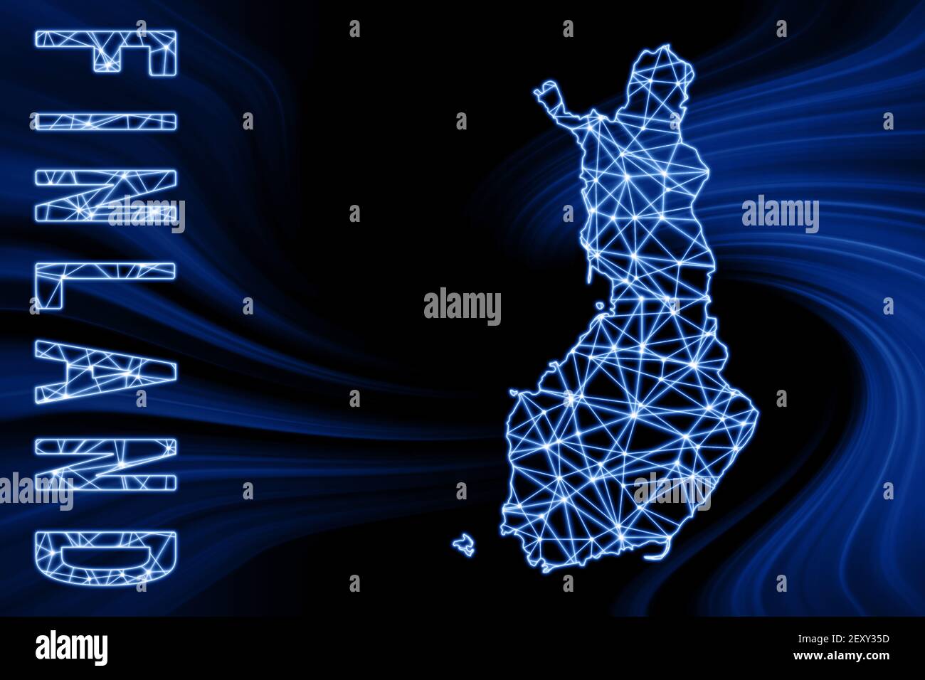 Map of Finland, Polygonal mesh line map, blue map on dark background Stock Photo