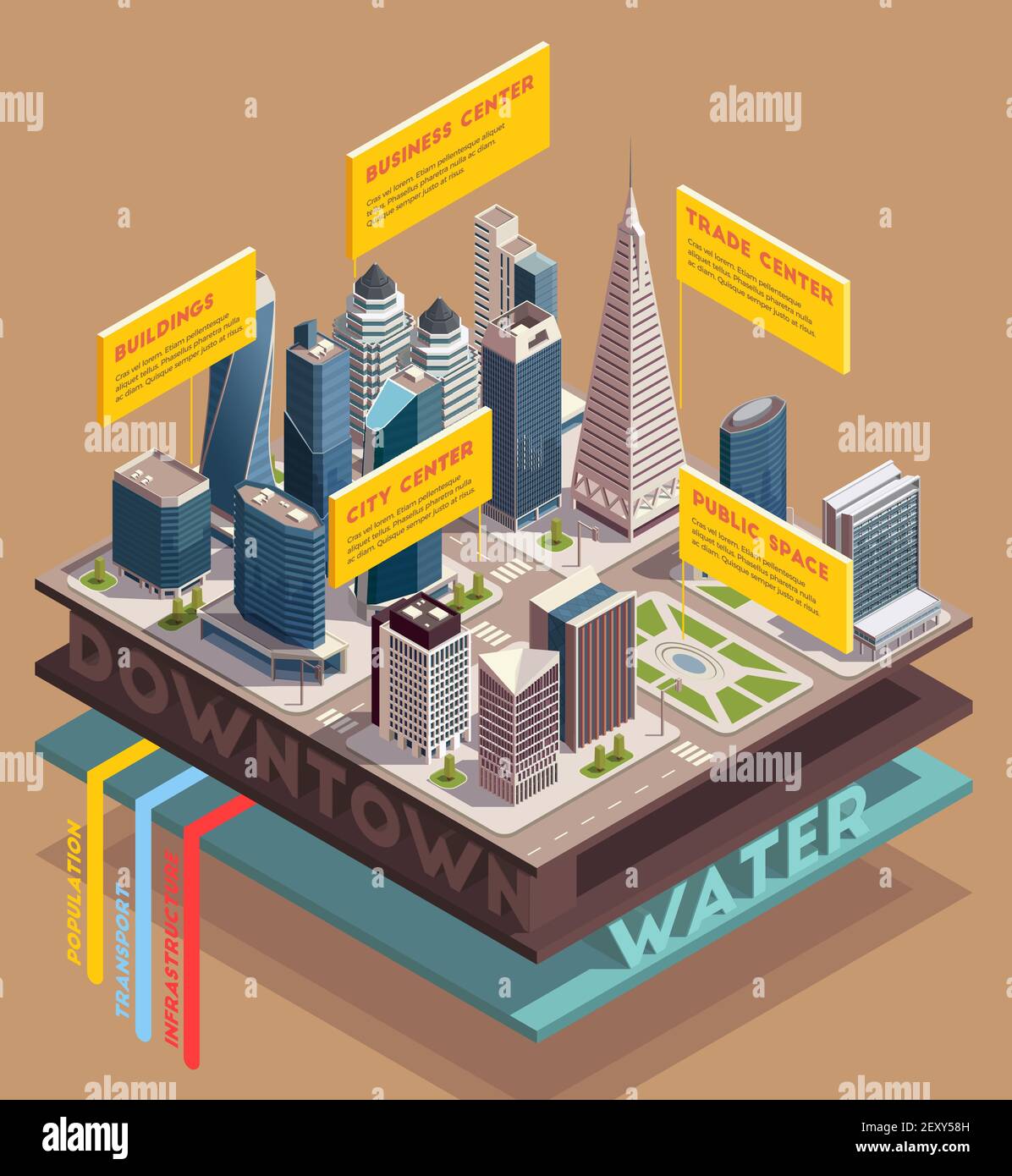 City skyscrapers isometric composition with images of tall buildings and sliced view of underground with text vector illustration Stock Vector