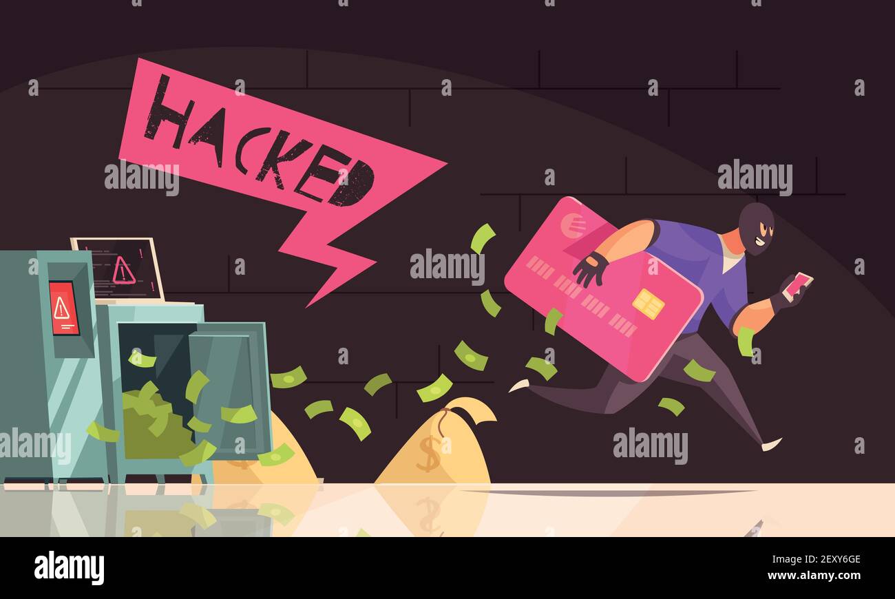 Colored and flat hacker runs away composition man steal credit card and