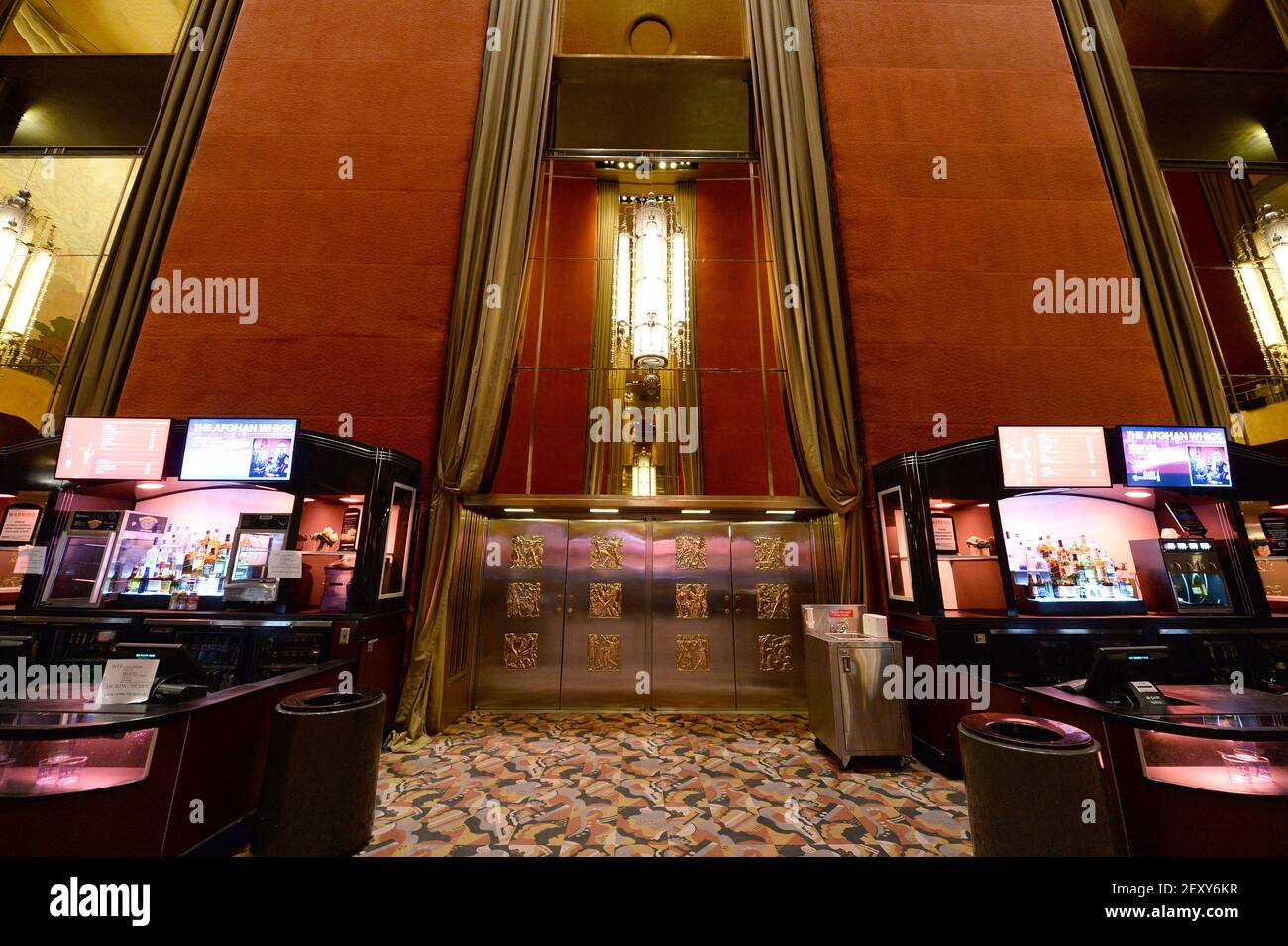 A view of the "foyer" entrance to Radio City Music Hall, decorated to  resemble a luxury ocean liner, with floor to ceiling height of sixty feet,  in New York, NY, photographed during