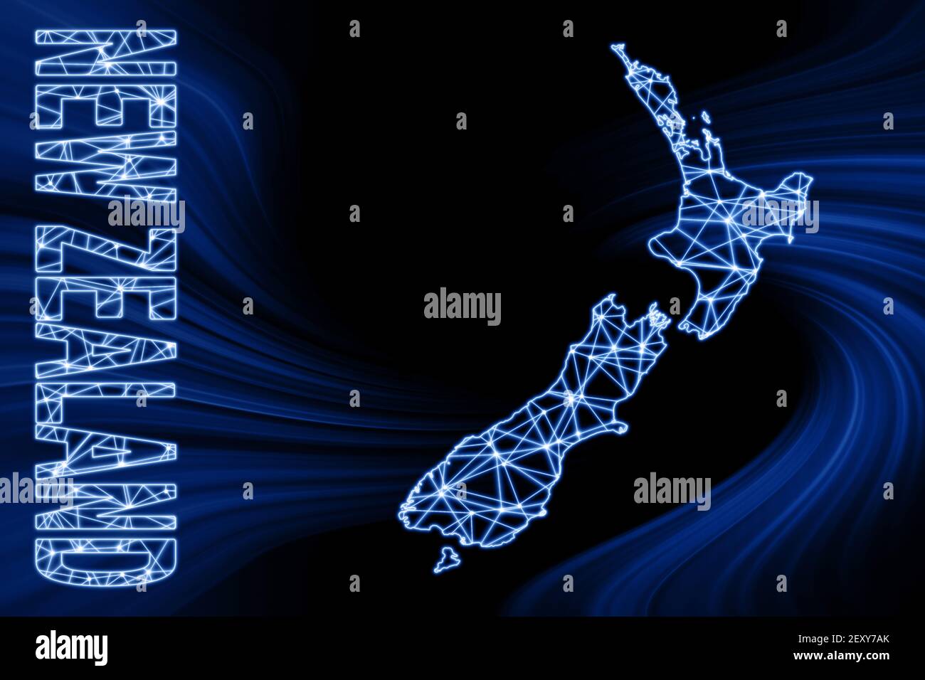 Map of New Zealand, Polygonal mesh line map, blue map on dark ...