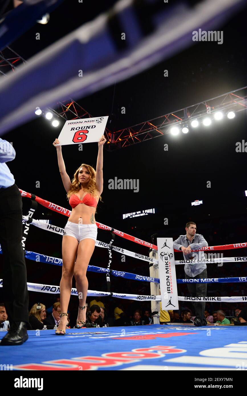 Ring Girl during at the Iron Mike Judgement Day boxing match at  AmericanAirlines Arena in Miami, Florida on July 10, 2014. (Photo by  JL/Sipa USA Stock Photo - Alamy