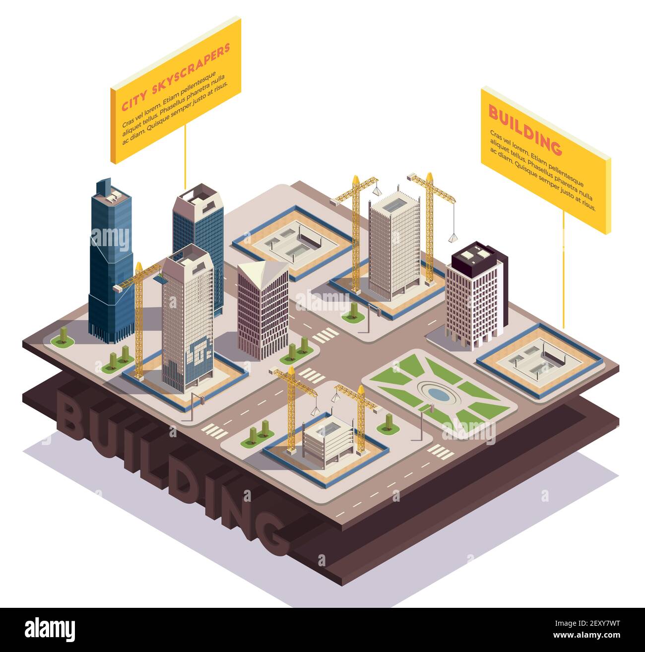 City skyscrapers isometric composition with images of sliced ground layers with modern tall buildings under construction vector illustration Stock Vector
