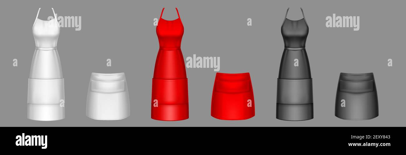 Chef aprons, black, red and white cook uniform 3d vector mockup. Kitchen female long and short bibs or pinafore with front pocket realistic templates. Restaurant or cafe garment isolated design, set Stock Vector