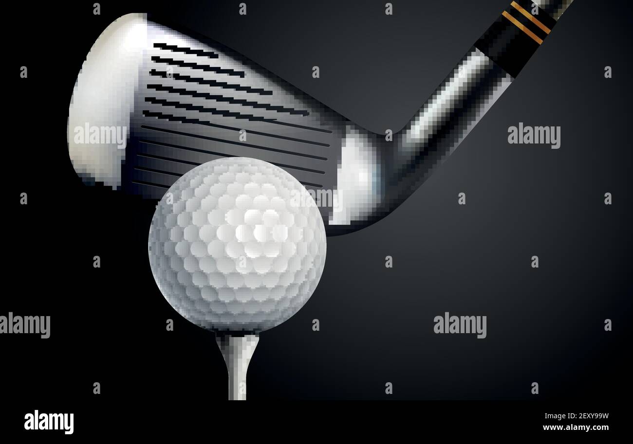 Golf club and ball on black background realistic vector illustration
