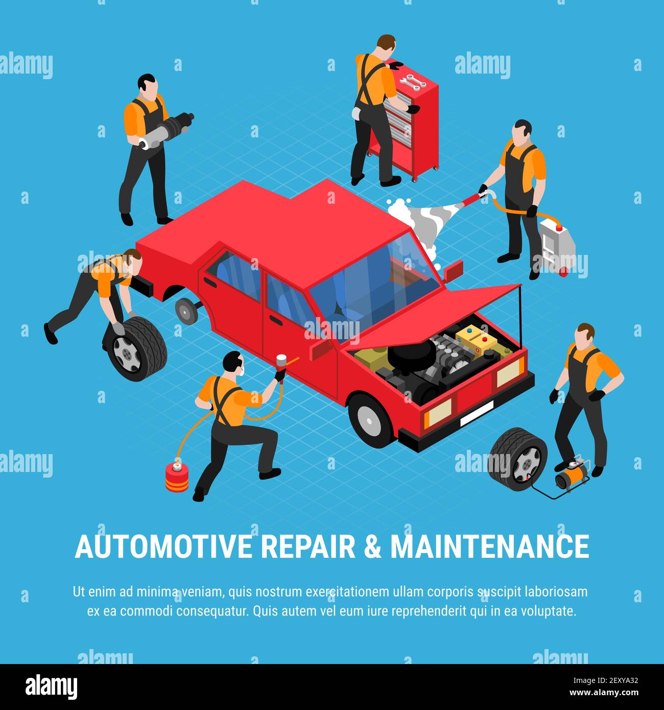 Automotive repair isometric concept with maintenance and equipment
