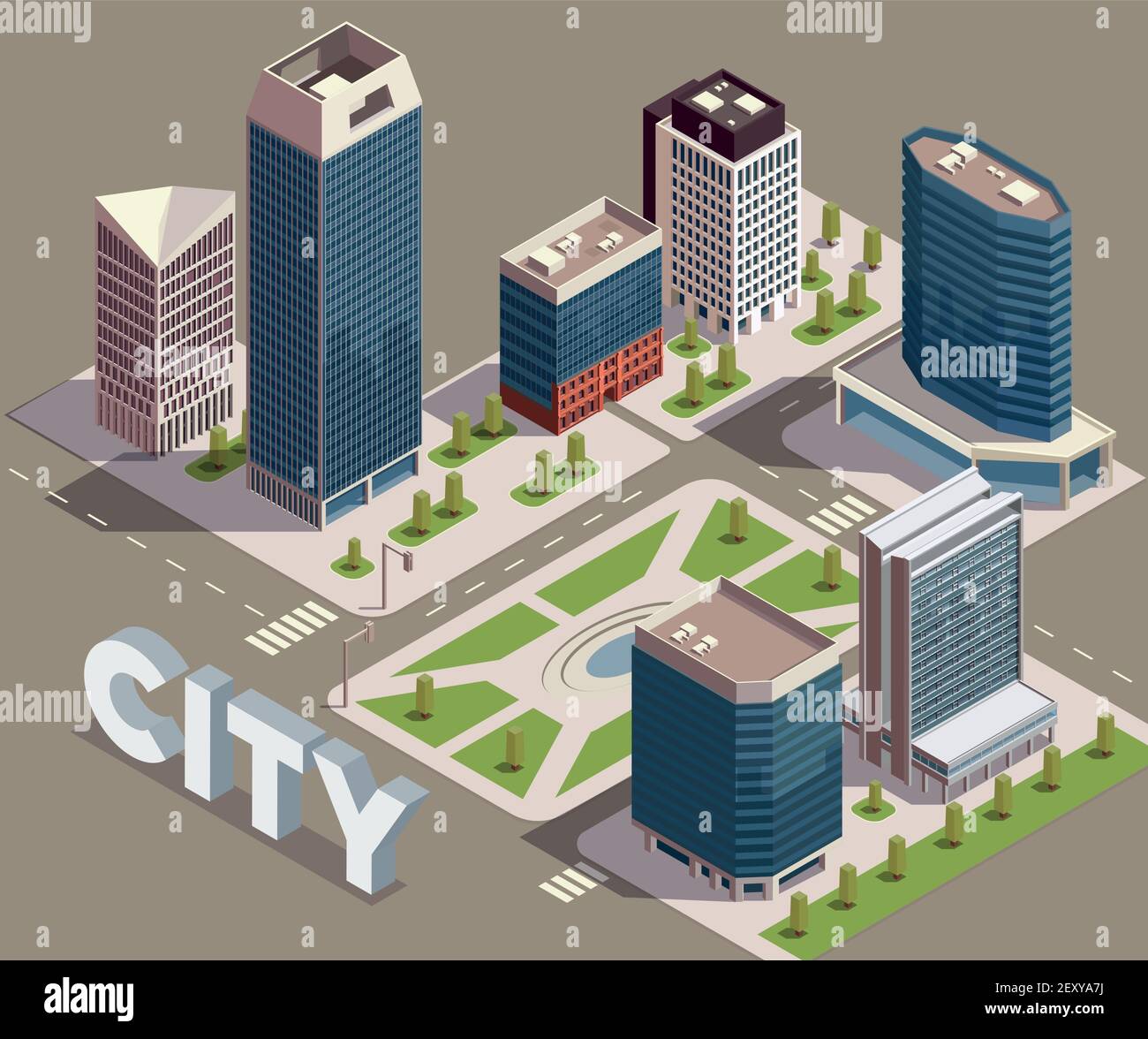 City skyscrapers isometric composition with view of city block with modern tall buildings streets and text vector illustration Stock Vector