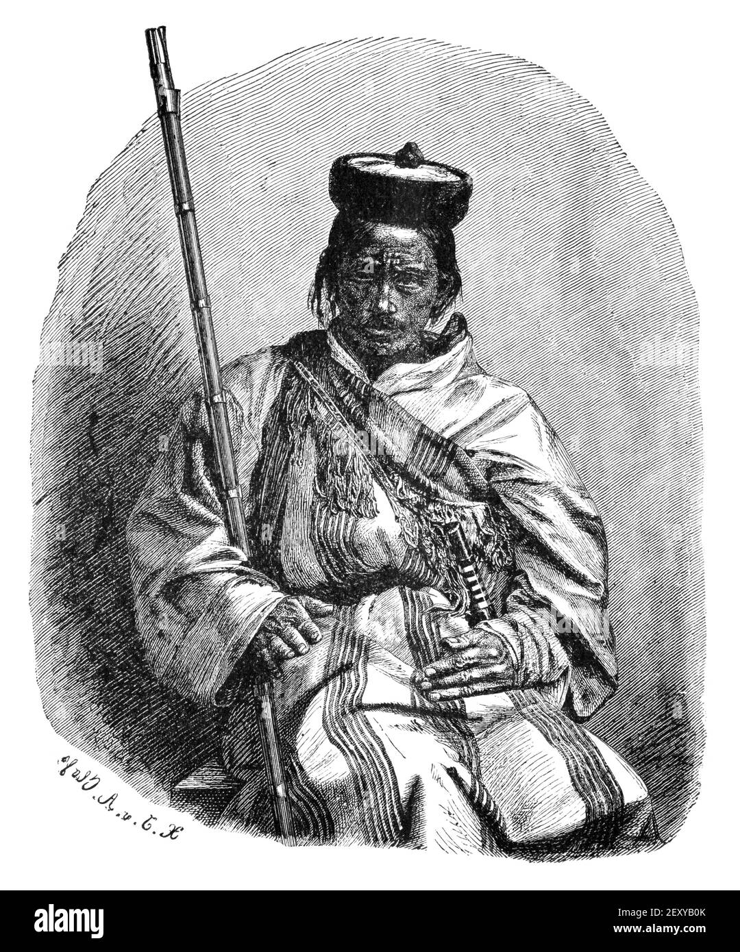 Sepoy, infantryman or soldier from India with musket. Culture and history of Asia. Vintage antique black and white illustration. 19th century. Stock Photo