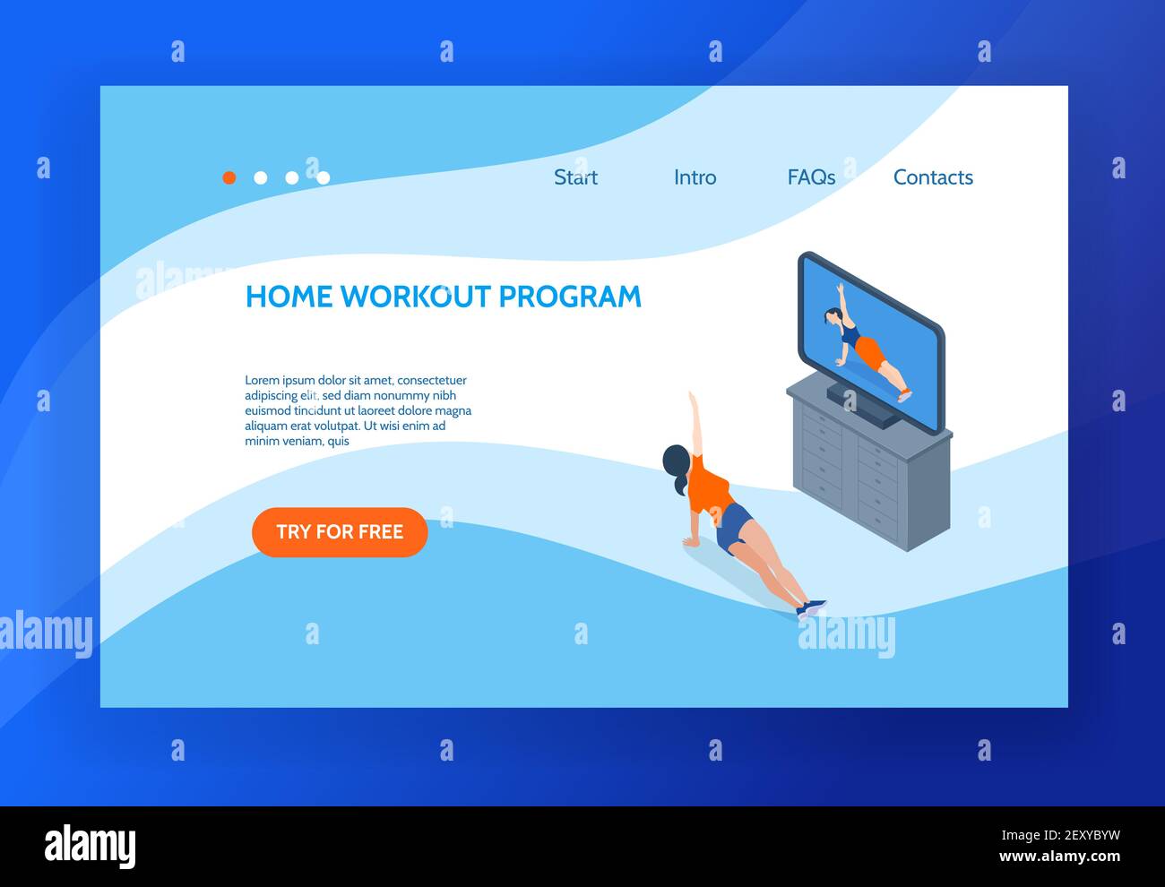 Aerobics concept banner with woman doing workout at home in front of television set 3d isometric vector illustration Stock Vector