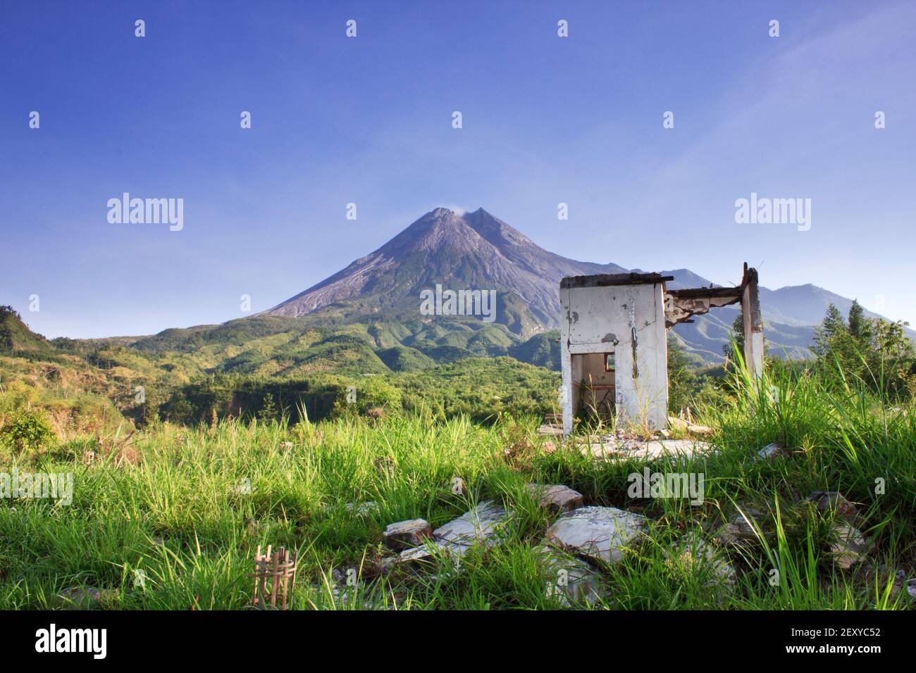 A Wrecked House from Merapi Mountain Eruption, Central Java, Indonesia Stock Photo