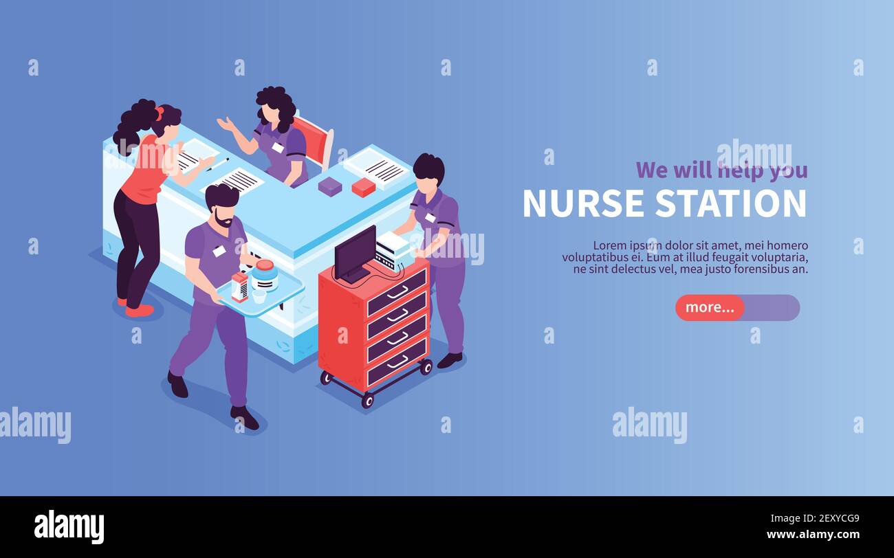 Isometric hospital horizontal banner with editable text slider button and view of reception area with stands vector illustration Stock Vector