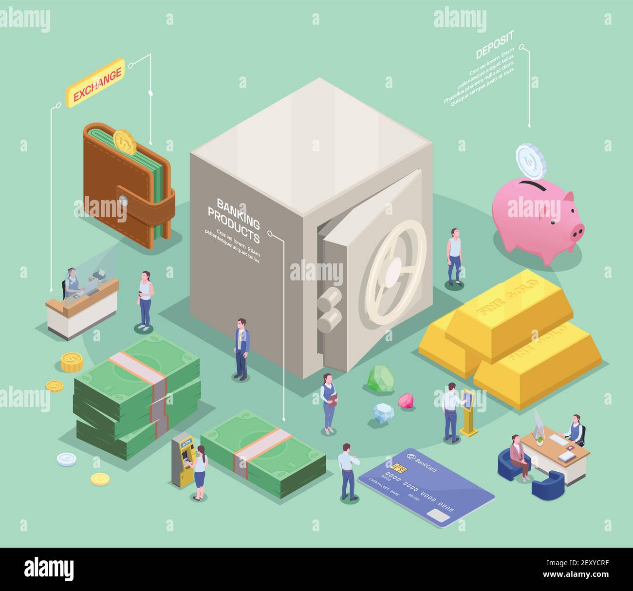 Banking financial isometric composition with infographic text captions