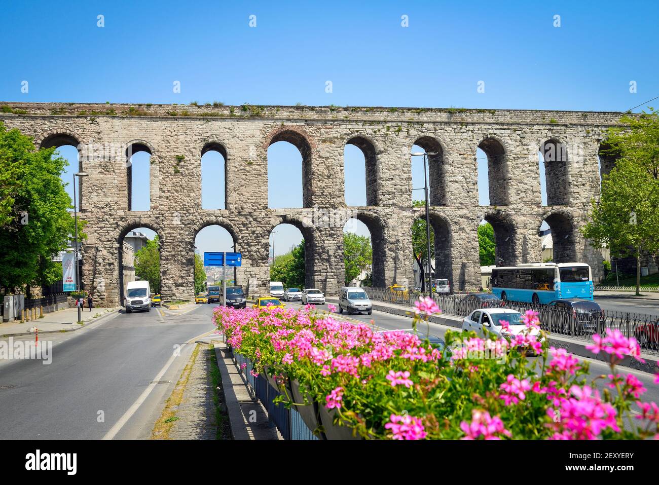 Istanbul, Turkey - May 7, 2017: The Valens Aqueduct  is a Roman aqueduct which was the major water-providing system of the Eastern Roman capital of Co Stock Photo