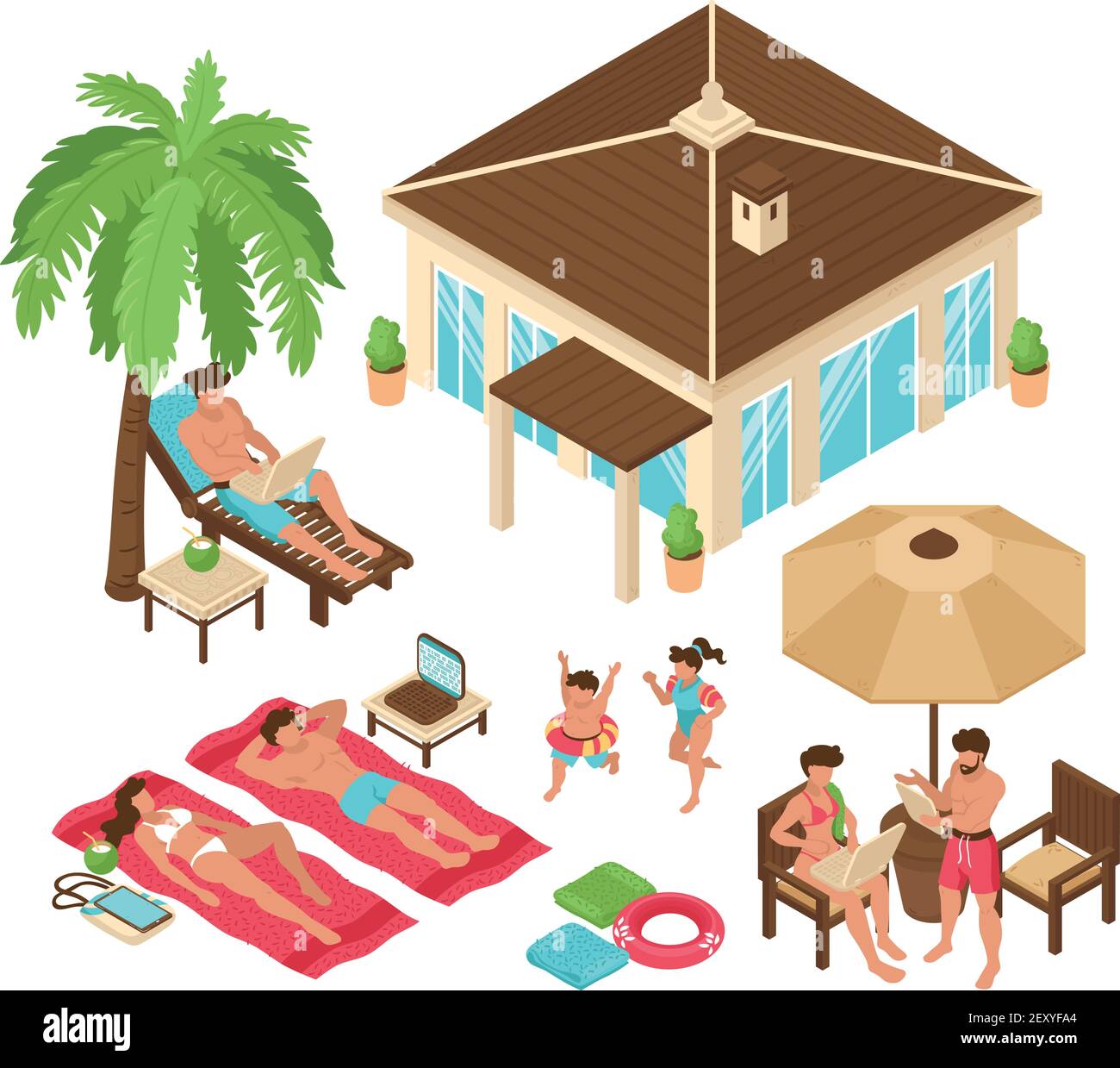 Set of isolated isometric beach house tropic freelance people remote work colourful images with human characters vector illustration Stock Vector