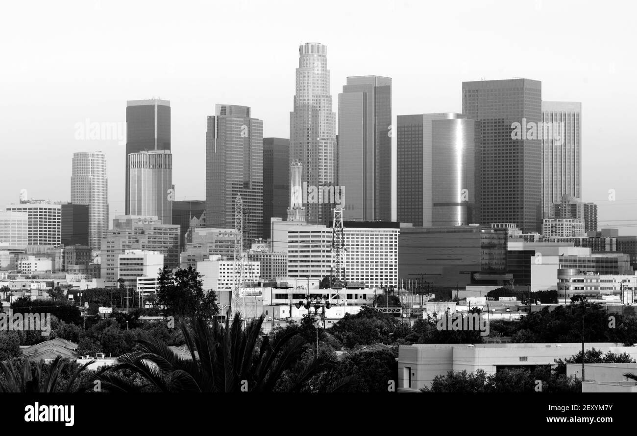 Monochrome Sunset Los Angeles California Downtown City Skyline Stock Photo