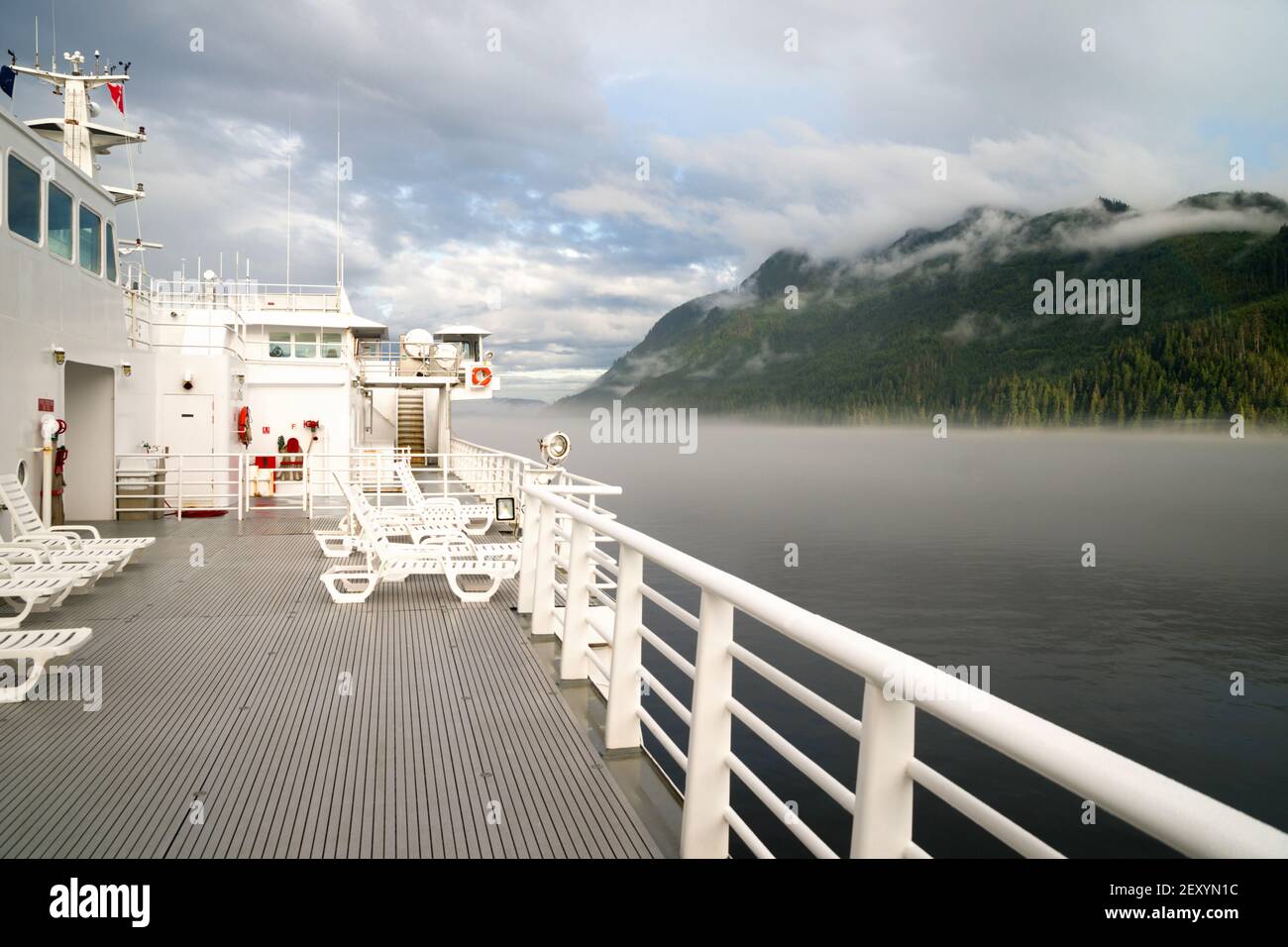 Fog Rolls in Canada's Inside Passage Passenger Ship Ferry Stock Photo