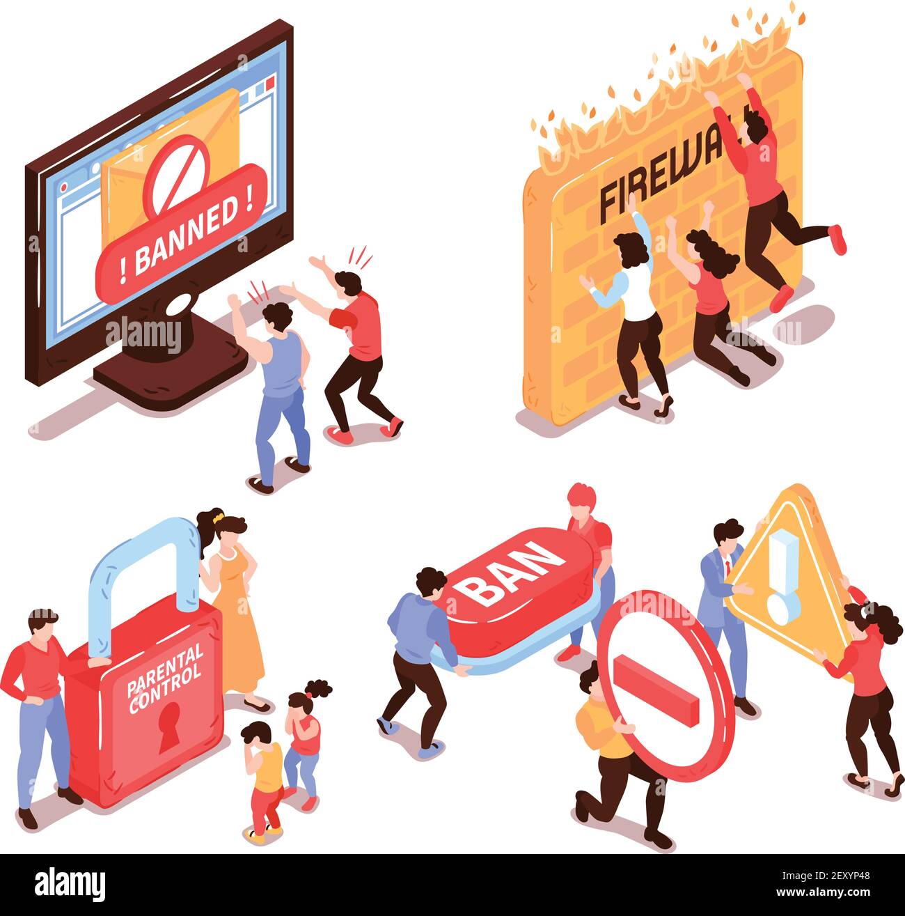 Isometric banned website design concept with human characters and ...