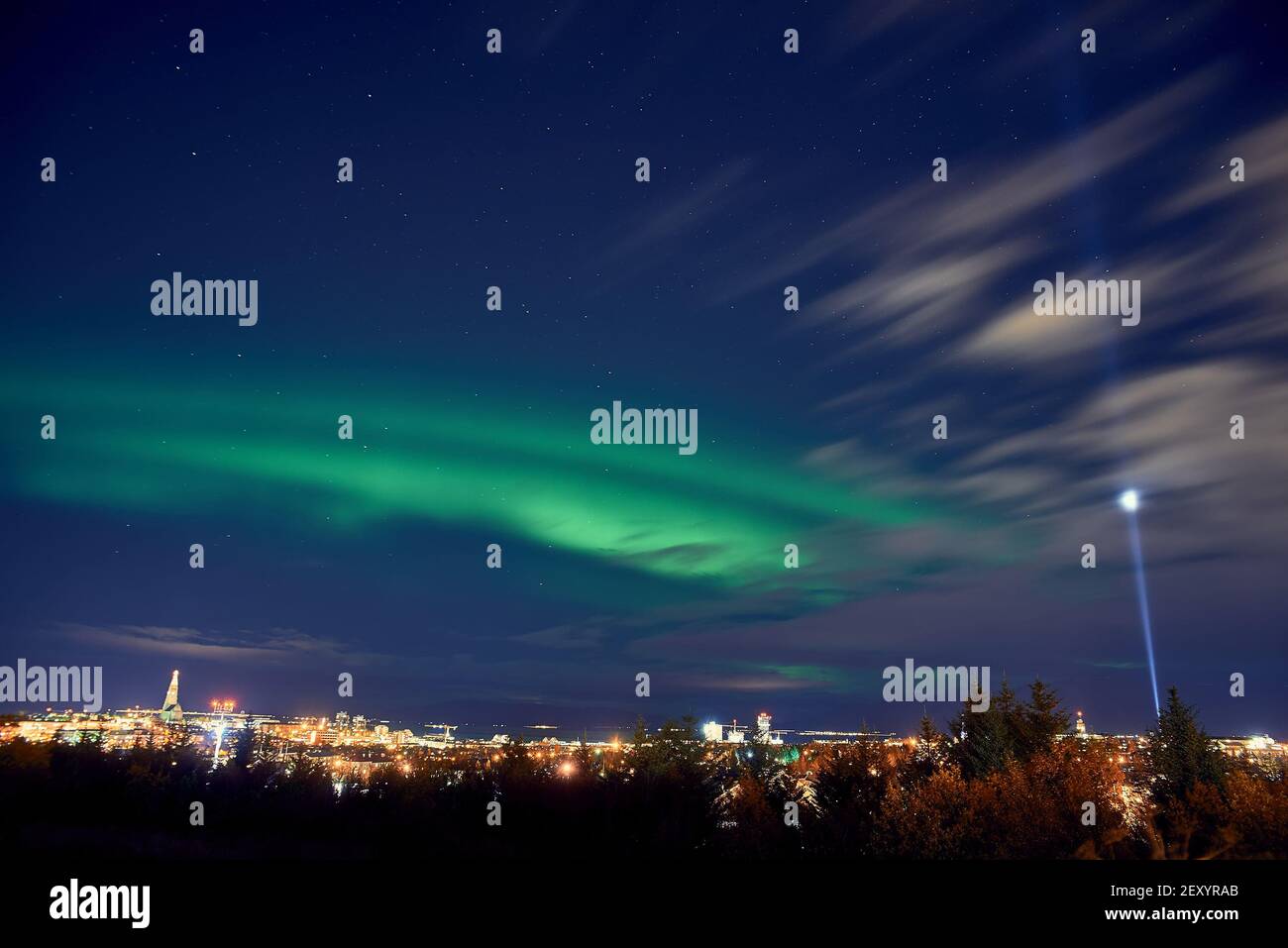 northern lights above Reykjavik in Iceland at night Stock Photo