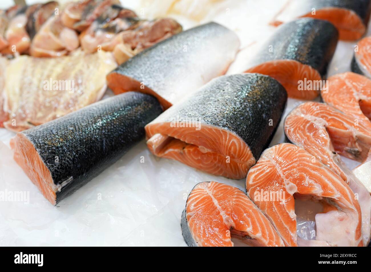Salmon Fillet in Ice on the supermarket counter Stock Photo - Alamy