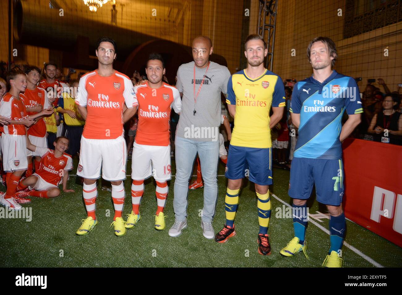 L-R) Soccer players Mikel Arteta, Santi Cazorla, Thierry Henry, Aaron  Ramsey and Tomas Sosicky pose inside Grand Central Terminal as he attends  Puma Partners with Arsenal event in New York, NY, on