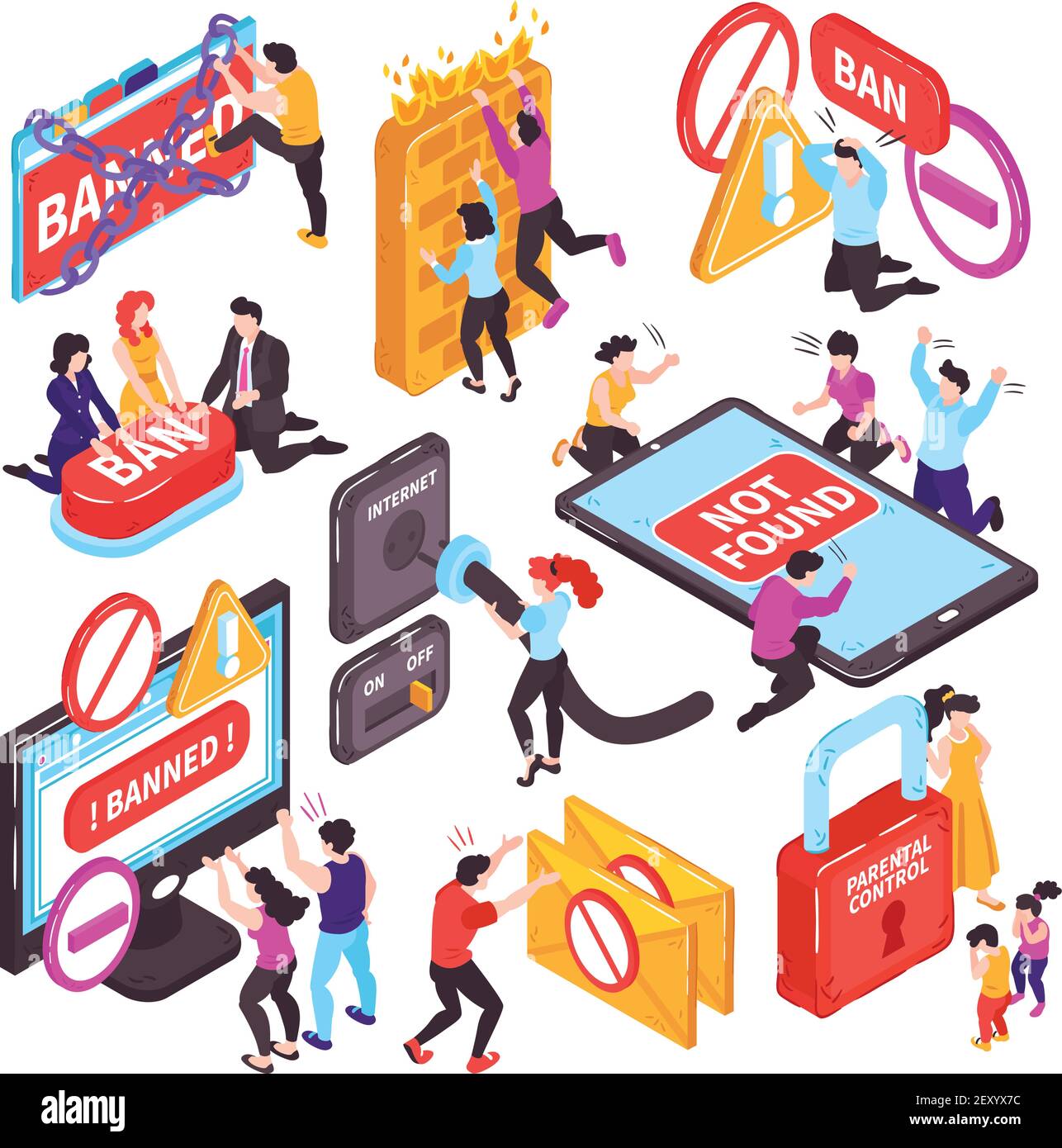 Isometric banned website prohibition set of isolated conceptual images