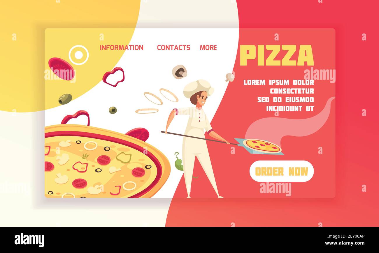 Horizontal flat pizza concept banner baker prepare pizza with order now ...