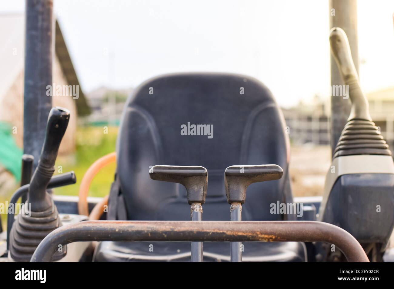 A closeup of the internal backhoe controls for the driver Stock Photo