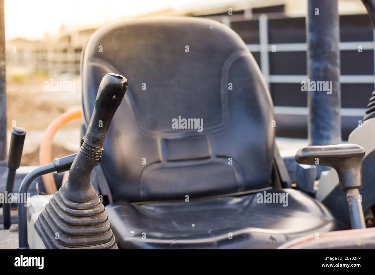A closeup of the internal backhoe controls for the driver Stock Photo