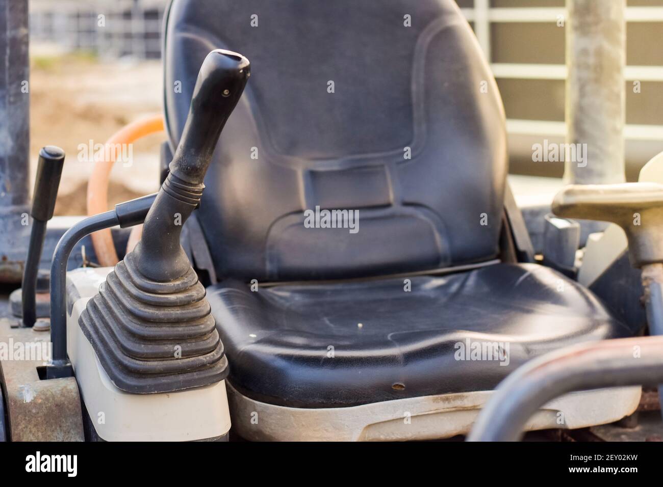 A closeup of the internal backhoe controls for the driver Stock Photo