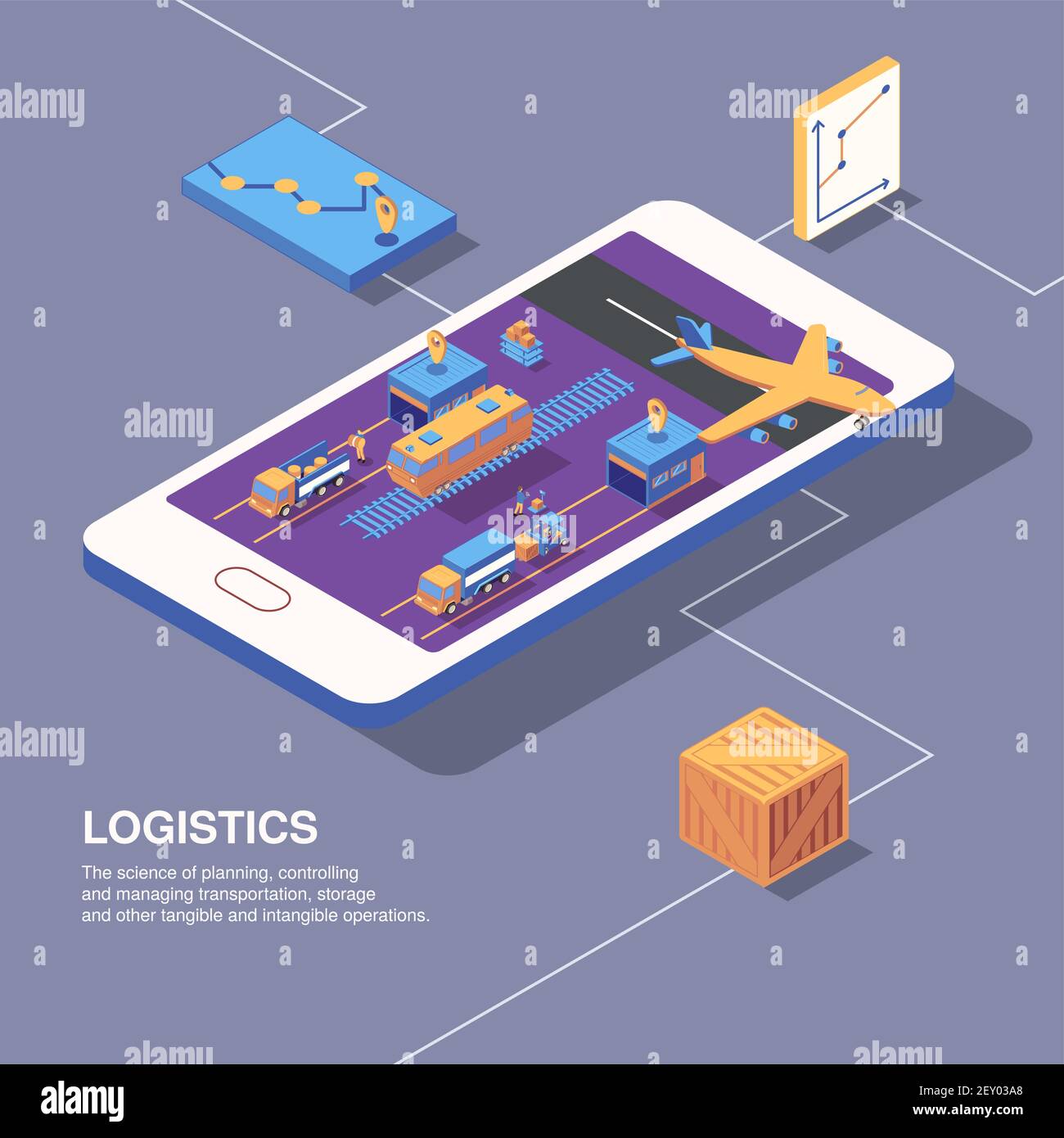 Isometric logistics delivery composition with smartphone image graphs ...
