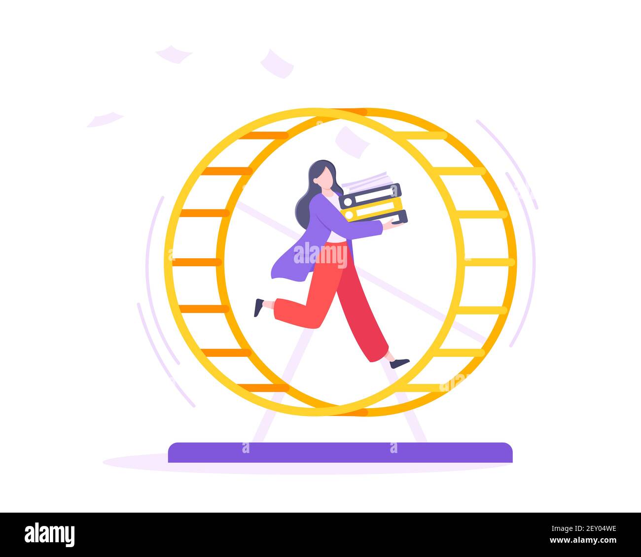 Rat race business concept with businesswoman running in hamster wheel working hard and always busy flat style design vector illustration. Tired workah Stock Vector
