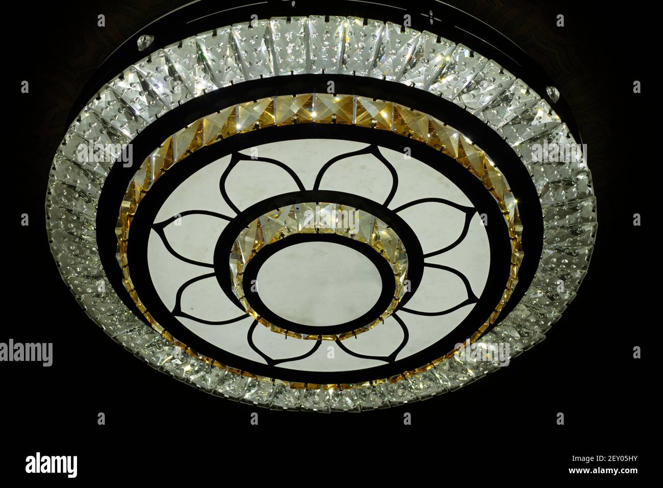 More modern ceiling ceiling with embedded lights and stretched ceiling insert, lights switched