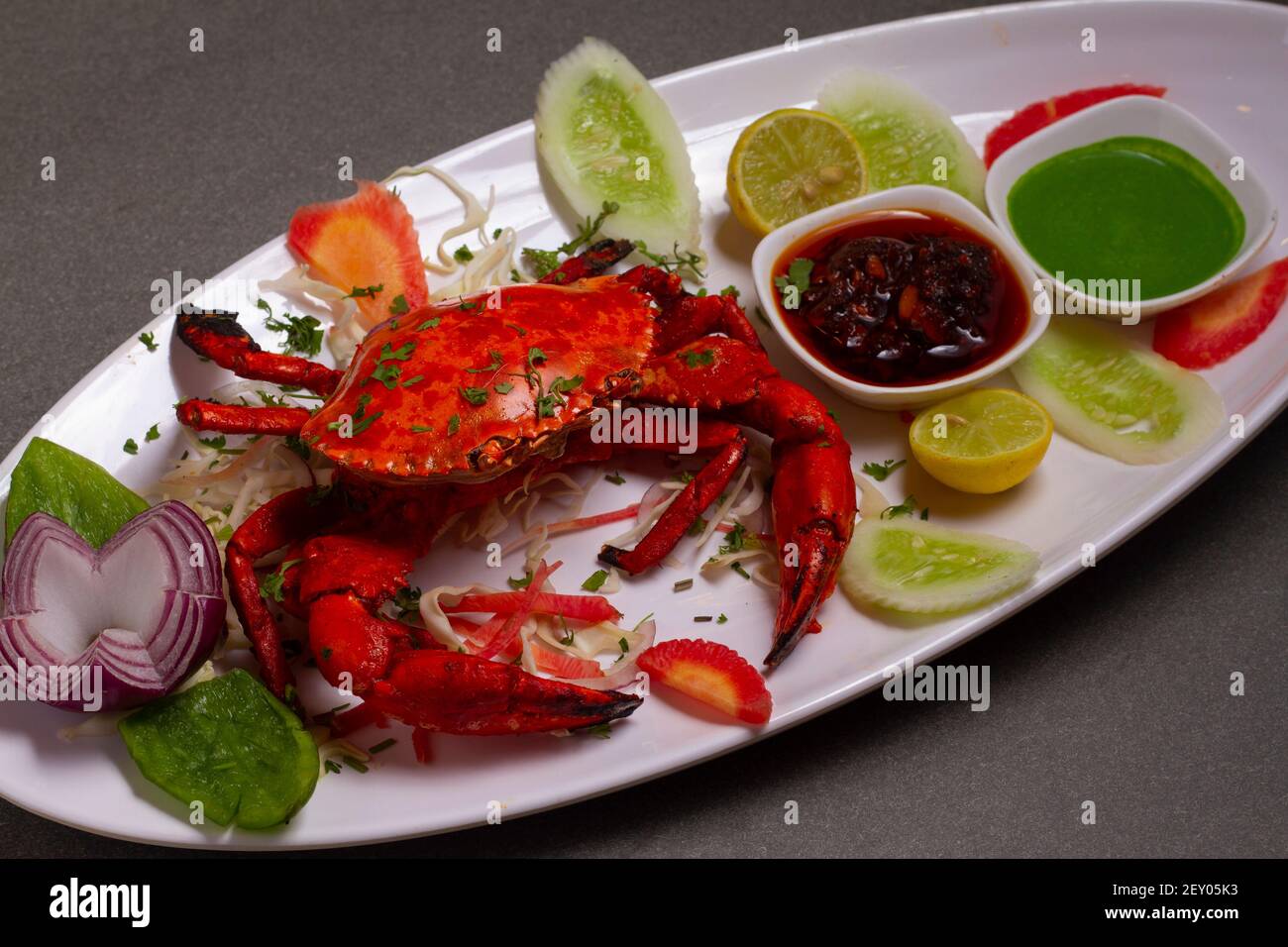 Tandoori crab Indian starter or main meal dish, stock photo. Stock Photo