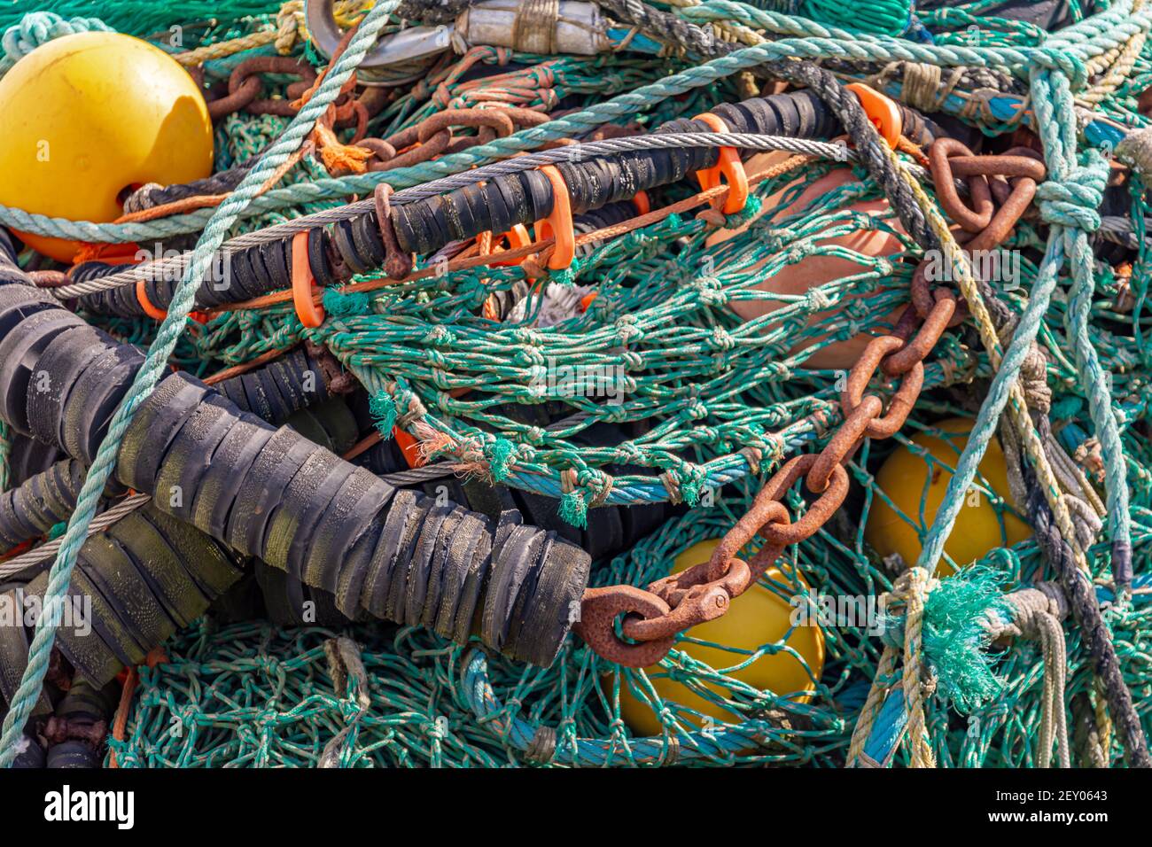 close up image of fishing nets, chains, lines and gear, star island, Montauk, NY Stock Photo
