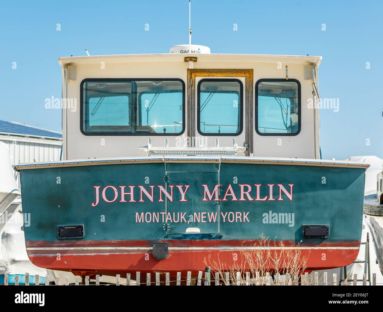 Stern of a fishing boat named the Johnny Marlin, Montauk, NY Stock