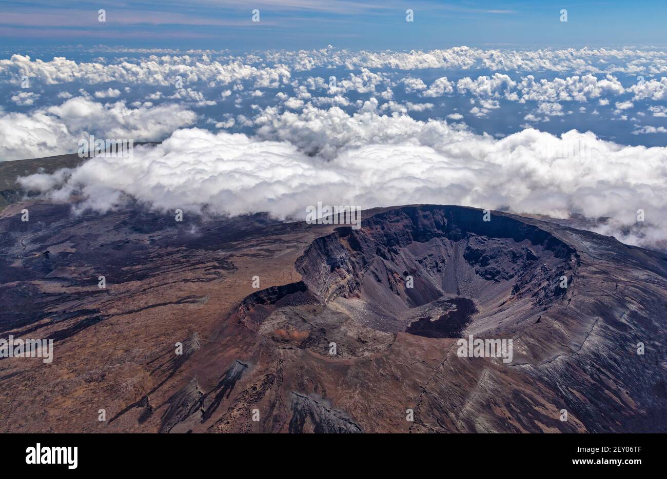 Aerial view of the volcano Piton de la Fournaise at island La Reunion Stock Photo