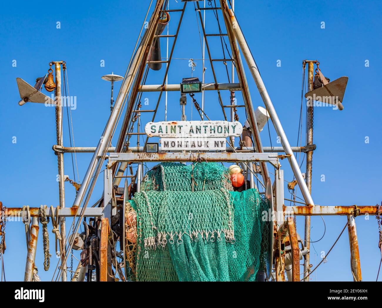 Close up image of the Saint Anthony fishing boat in Montauk, NY Stock