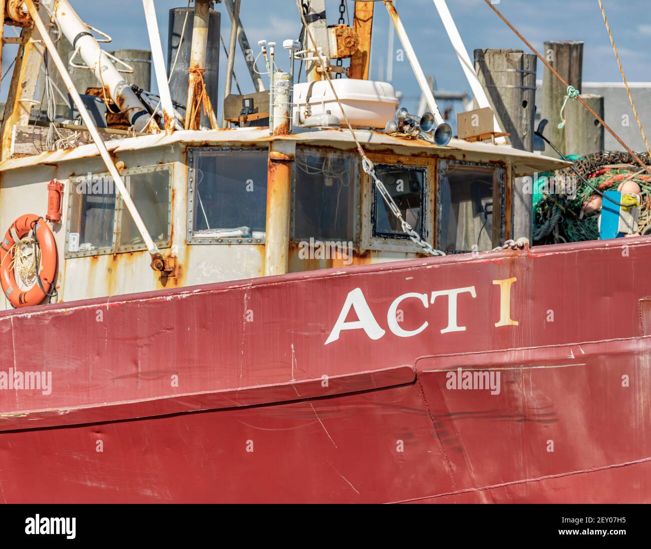 Close up image of the commercial fishing vessel, Act 1 in Montauk, NY Stock Photo