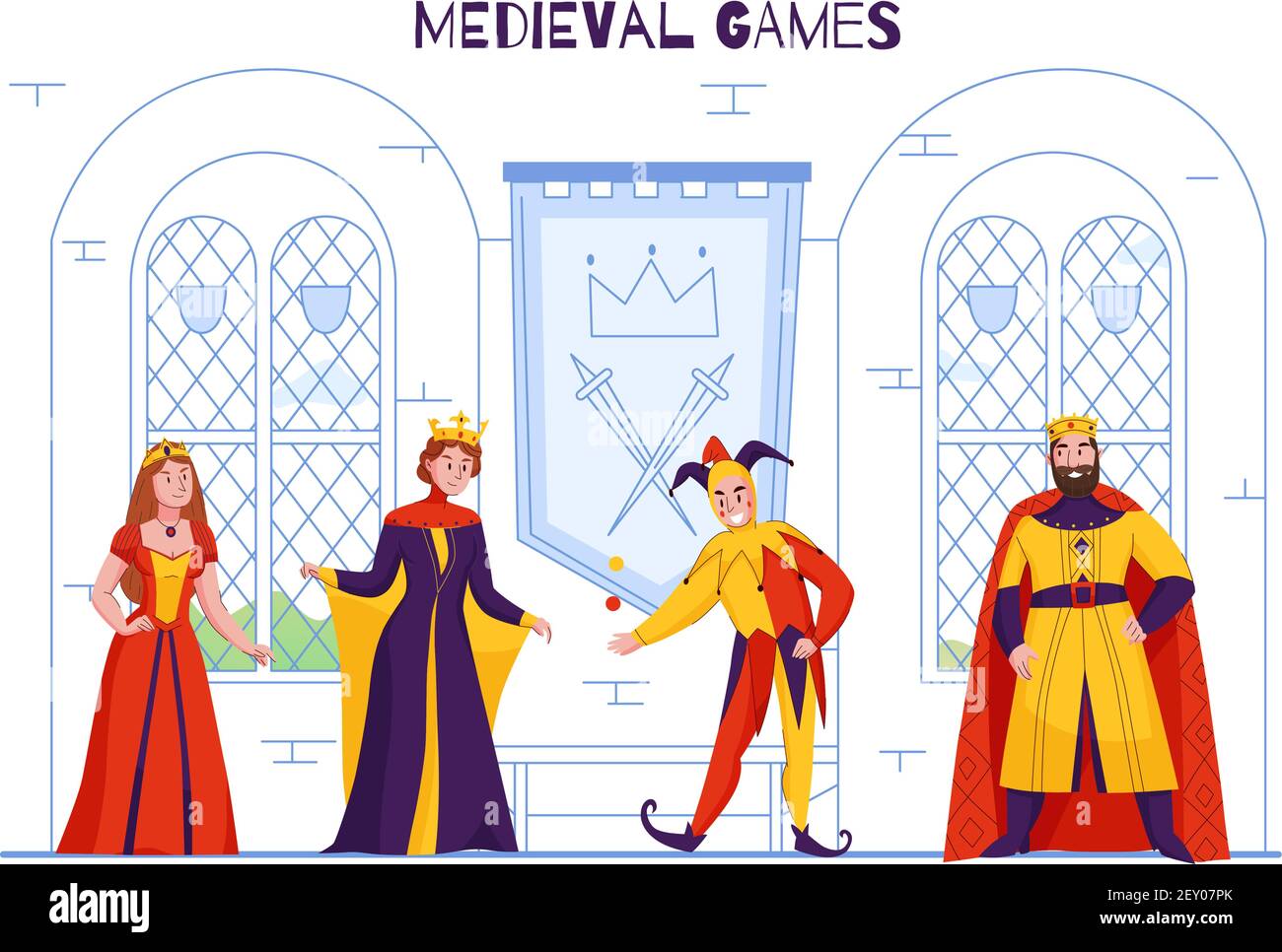 Medieval kingdom court jester in fools hat entertaining monarch juggling joking flat colorful royal characters vector illustration Stock Vector